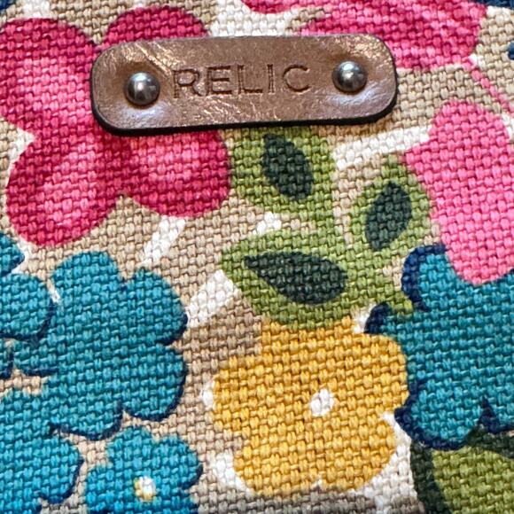 Relic by Fossil Crossbody Purse Brown Pink Blue Floral Canvas Slim Zip Top Boho - Picture 3 of 7